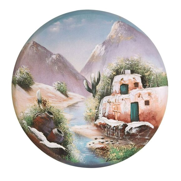 Southwest Canvas Mixed Media Painting Wall Art Signed Edna Round 3D Design Vinta